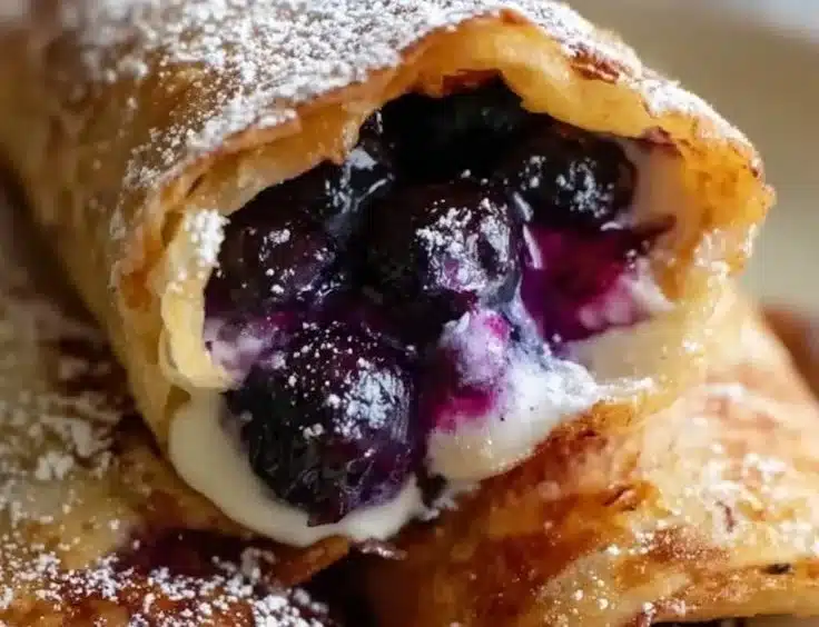 Blueberry and cream cheese egg rolls arranged on a plate