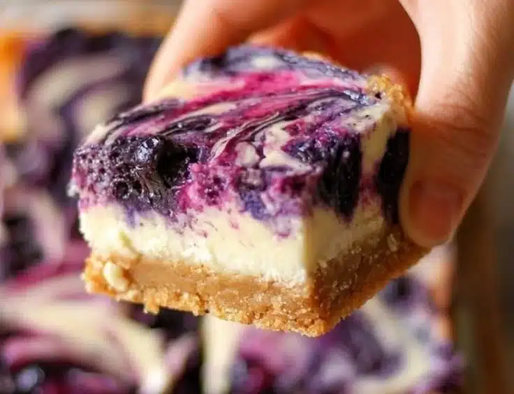 Delicious homemade blueberry cheesecake bars on a white plate.