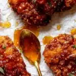 Crispy Baked Chicken drizzled with Hot Honey, served on a plate