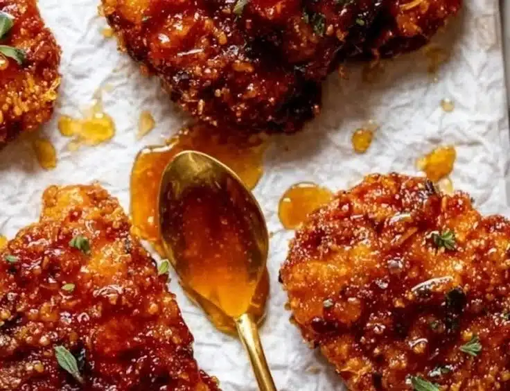 Crispy Baked Chicken drizzled with Hot Honey, served on a plate