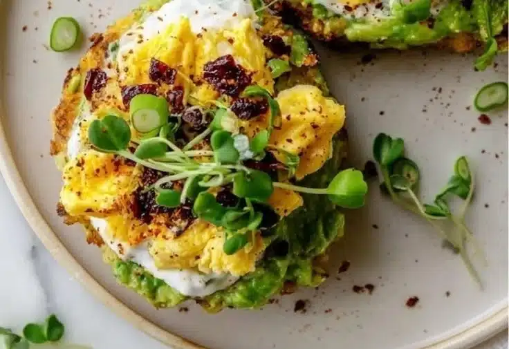 Crispy hashbrown avocado toast topped with fresh ingredients on a rustic plate