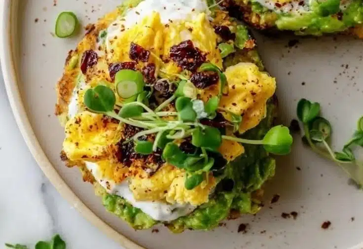 Crispy hashbrown avocado toast topped with fresh herbs and spices