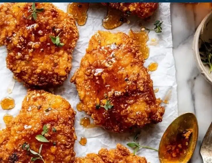 Delicious crispy hot honey chicken with a sweet and spicy glaze.