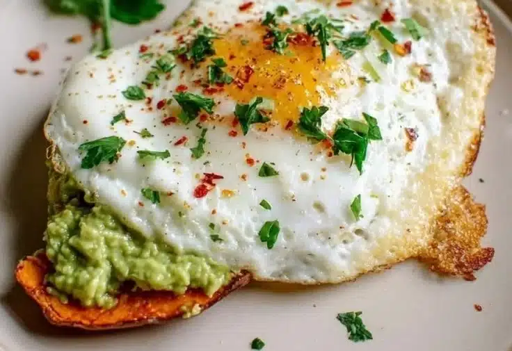Delicious avocado egg served on sweet potato toast for a healthy breakfast.