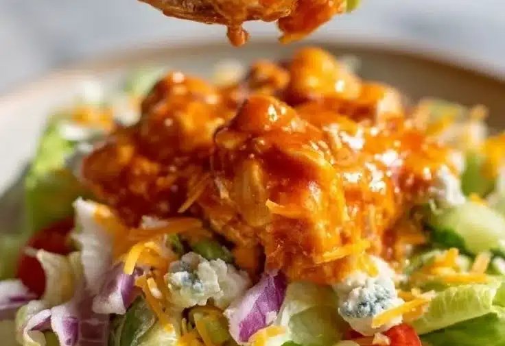 A bowl of honey-glazed hot chicken salad with fresh vegetables and toppings.