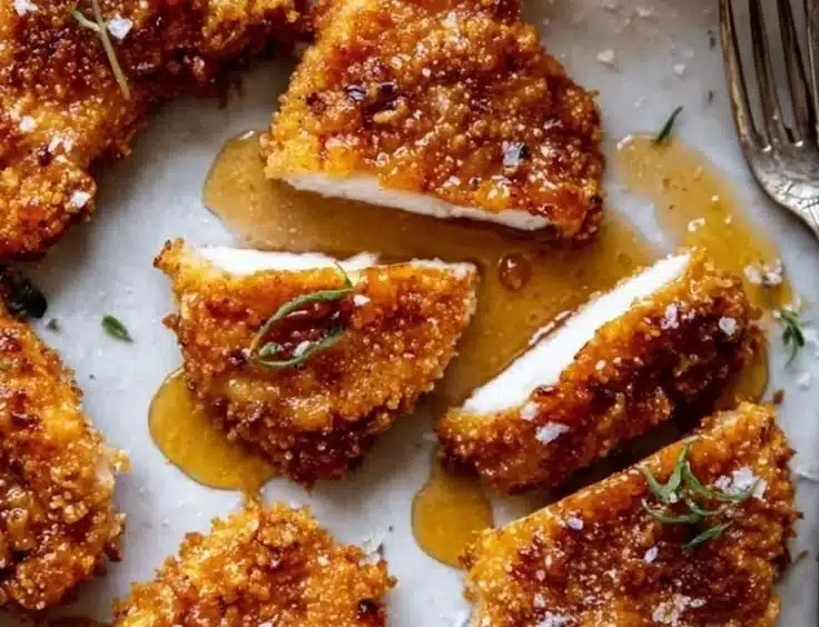 Hot Honey Baked Chicken glistening with a sweet and spicy glaze