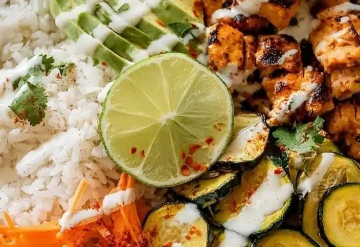 Hot Honey Chicken and Rice Bowl garnished with fresh herbs and spices