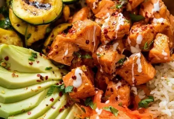 Spicy Honey Chicken Bowl with vibrant vegetables and rice.