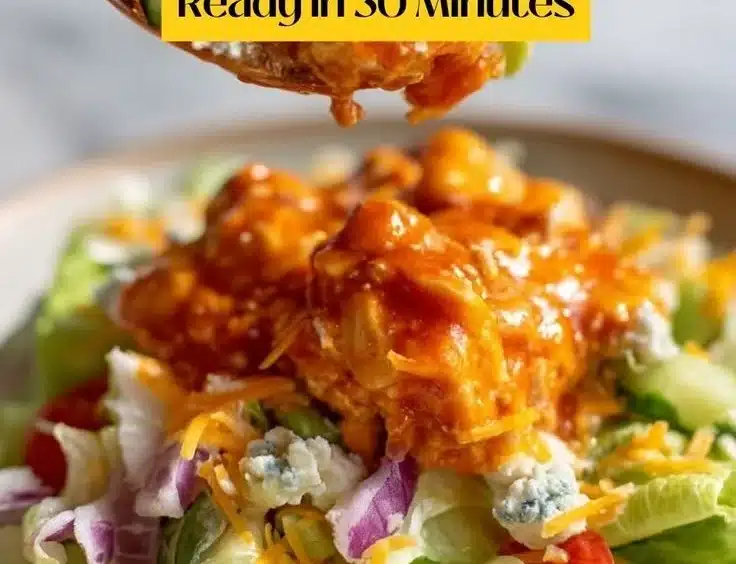 Delicious spicy honey chicken salad with fresh vegetables and dressing