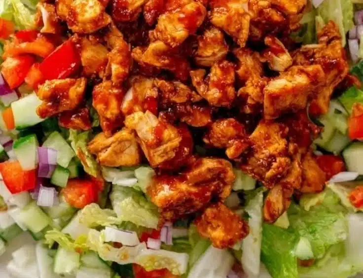 Delicious spicy honey chicken salad in a bowl with vibrant vegetables
