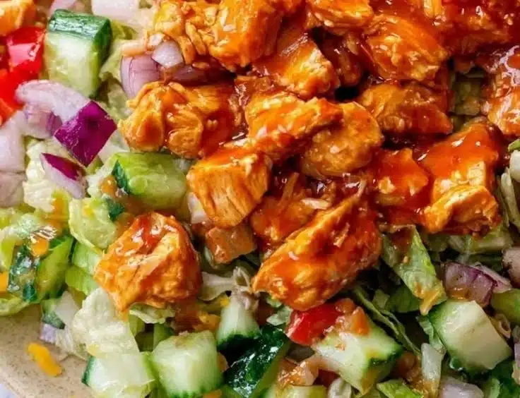 Spicy honey chicken salad served in a bowl with fresh greens and toppings.