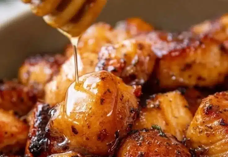 Spicy honey salmon bites served on a plate with garnishes