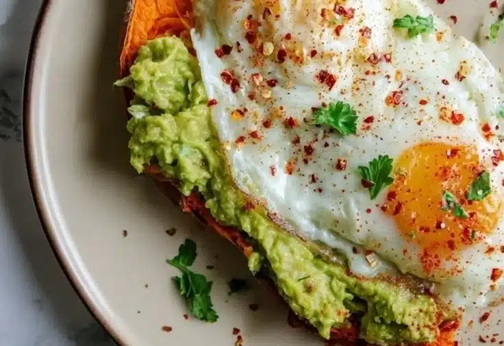 Sweet potato toast with avocado and egg served on a plate for brunch