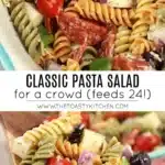 A vibrant bowl of classic pasta salad with colorful vegetables and dressing.
